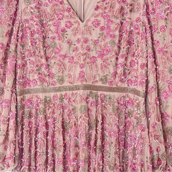 Mac Duggal 5497 Size 14, Floral Beadwork Rose Pink Mesh 3/4 Sleeve Formal Gown - Picture 6 of 13